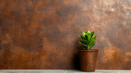 Rustic brown background with green potted plant minimalist photography