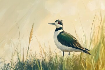 Obraz premium Northern Lapwing foraging in a grassland habitat on a sunny day, Northern Lapwing Vanellus vanellus in the wild