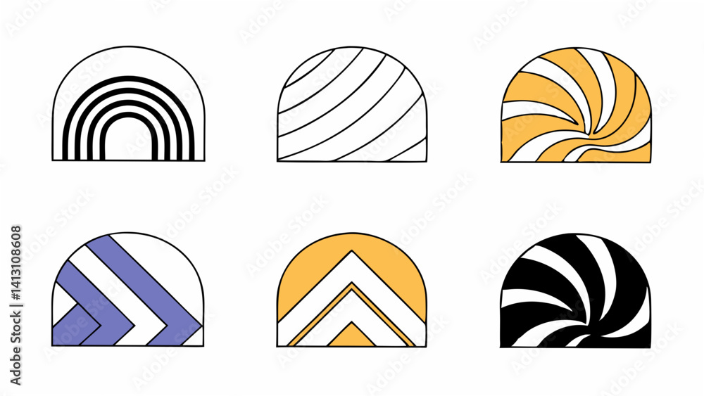 Poster six abstract semi circular designs with various patterns and color schemes on a white background cre