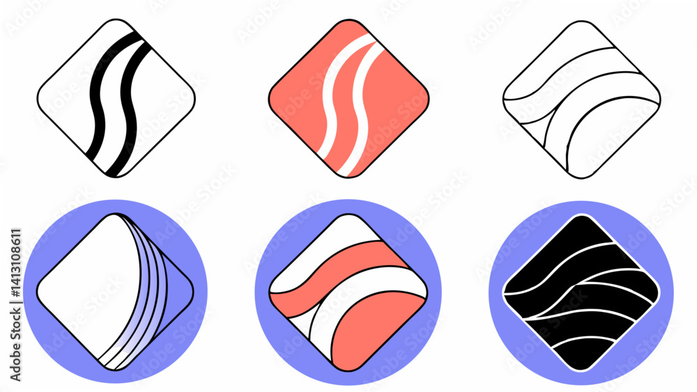 Poster collection of six square shaped icons with wavy lines in different color combinations and background