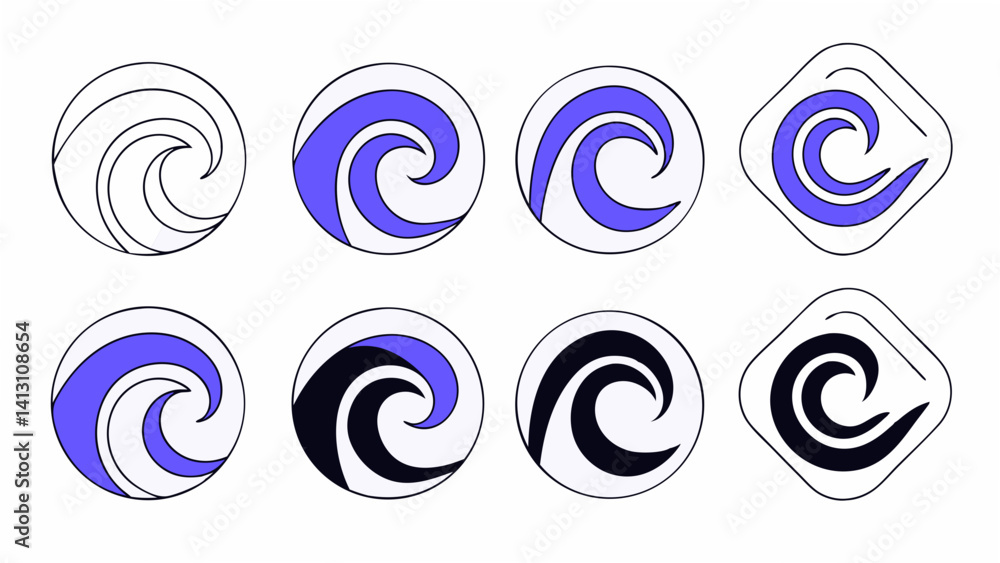 Poster collection of wave icons in circles and rounded squares with varied color fills and line drawings cr