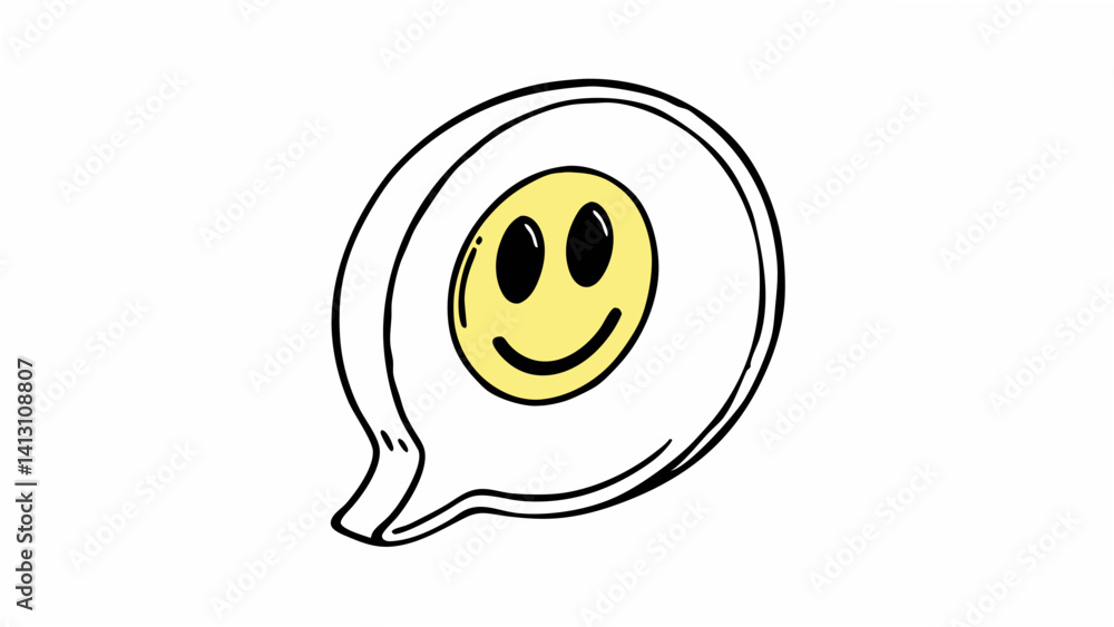 Poster a cheerful yellow smiley face inside a speech bubble with a black outline on a white background crea