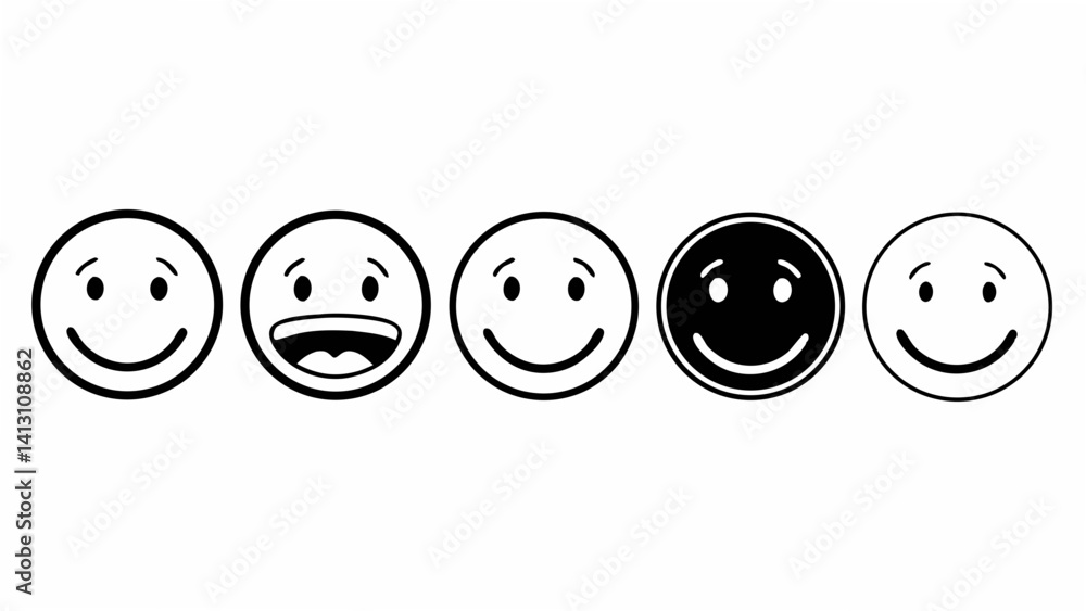 Poster collection of five simple black and white smiley face icons with different expressions in a row desi