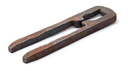 Rusty metal nutcracker with white background.