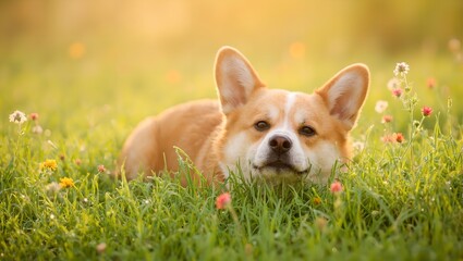 Adorable Corgi puppy nestled in a dewy garden at sunrise surrounded by colorful wildflowers