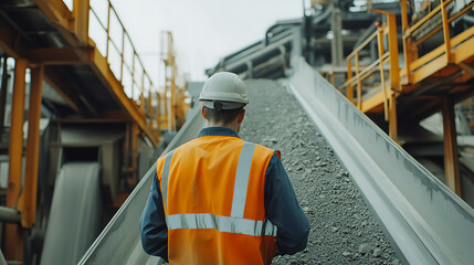 Mining technician inspecting ore processing equipment in a plant. Featuring industrial inspection and equipment maintenance