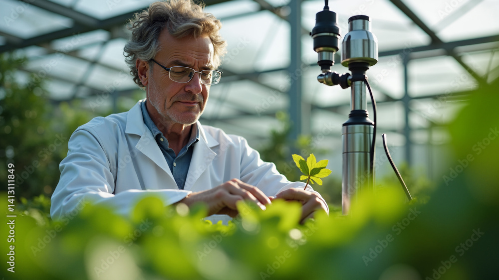 Poster the image shows a man in a lab coat looking at a plant with a microscope in his hand. he is surround