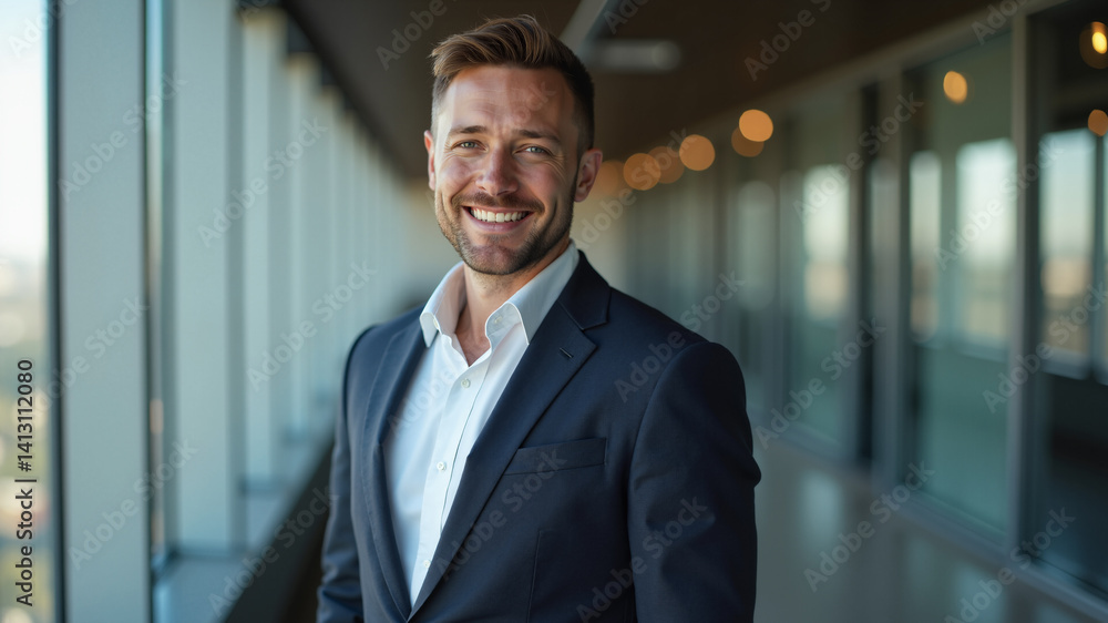Aufkleber the image shows a man in a suit standing in front of a window with a smile on his face. he is wearin