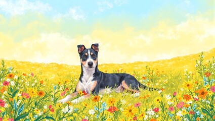Charming modern terrier relaxing in a colorful wildflower meadow embodying playfulness and serenity under the bright sun