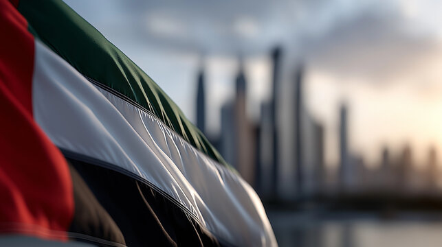UAE national flag waving with beautiful clouds and city skyline in the background, UAE flag, United Arab Emirates, drone shot, skyline, clouds, city view, waving flag, national pride, independence day