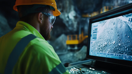 Mining technician monitoring ore extraction progress at a processing plant. Featuring monitoring and ore processing