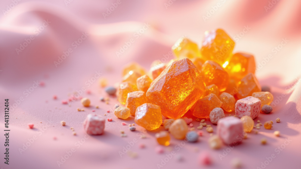 Poster close-up view of a cluster of thca crystals on a pink textured surface with other crystalline substa