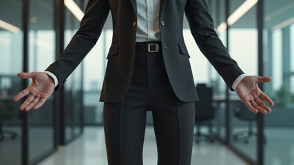 The image shows a man in a black suit with his arms outstretched in an office setting. He is standing in front of a glass wall
