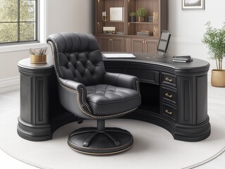 Modern Home Office Workspace with Sleek Black Leather Chair: Elegant and Functional Furniture Design