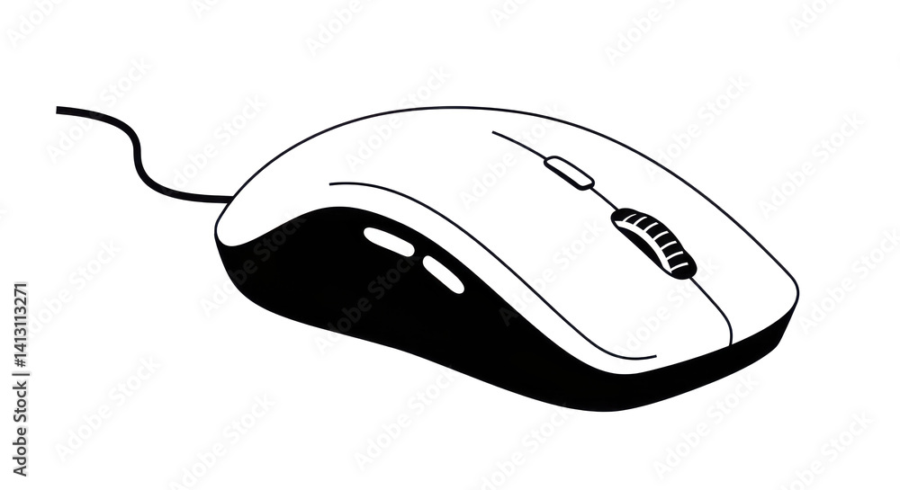 Poster illustration of a computer mouse with a cable in black and white on a dark background view from abov