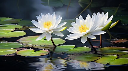 Elegant White Water Lilies in Bloom Floating on Peaceful Dark Pond with Green Lily Pads and Reflections