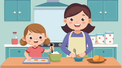 Happy Mother Daughter Baking Cookies in Kitchen