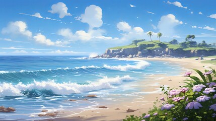 Peaceful Coastal Scene with Rolling Waves, Green Cliffs, and Blooming Wildflowers Under Blue Sky