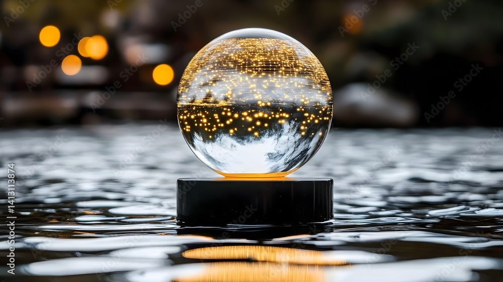 Aufkleber illuminating globe surrounded by data streams serene water setting abstract concept night view