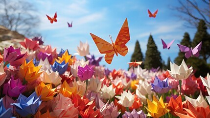 Origami Butterflies Flying Over a Field of Colorful Paper Flowers in a Sunny Park Landscape