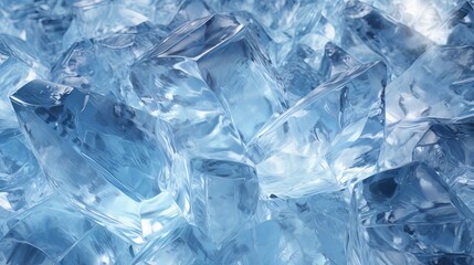 Close-Up of Transparent Blue Ice Crystals with Sharp Edges and Reflective Surfaces