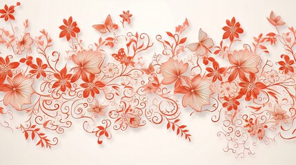 Elegant Floral Vector Background with Red Flower and Butterfly Pattern on Light Cream Surface
