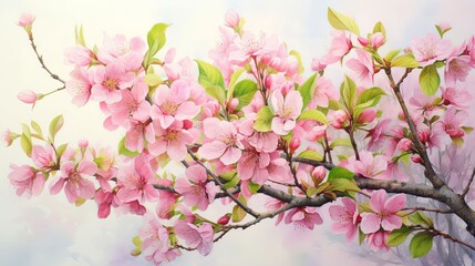 Watercolor Painting of Cherry Blossom Branch with Pink Flowers and Green Leaves