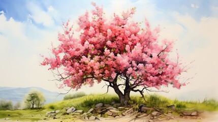 Watercolor Landscape of a Blooming Pink Tree in Spring on a Sunny Day