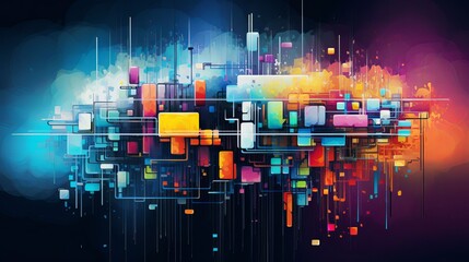 Futuristic Abstract Technology Background with Glowing Colorful Blocks and Digital Circuit Grid on Dark Gradient