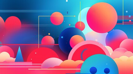 Vibrant Abstract Background with Retro Futuristic Gradient Spheres and Geometric Shapes on Blue-Pink Gradient