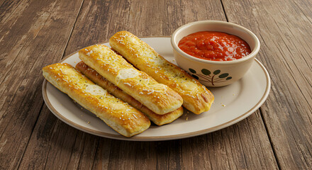 Savory Cheese Breadsticks Served With Tangy Marinara Sauce on Wooden Table