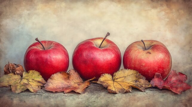 Three red apples with autumn leaves