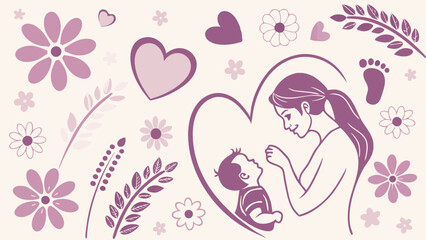 Loving Mother and Baby Illustration with Flowers and Hearts