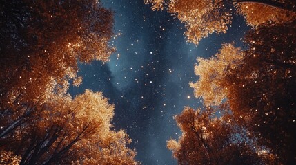 Fototapeta premium A Beautiful View of an Autumn Forest Under the Starry Night Sky with Glowing Leaves