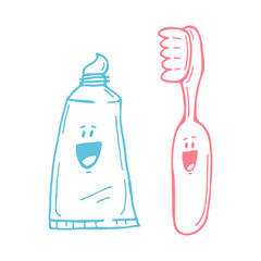 Cute doodle of toothbrush and toothpaste with smiling faces on white background. Vector illustration.