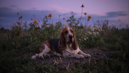 Tranquil Basset hound lounging in serene twilight meadow with wildflowers exuding comfort and peace