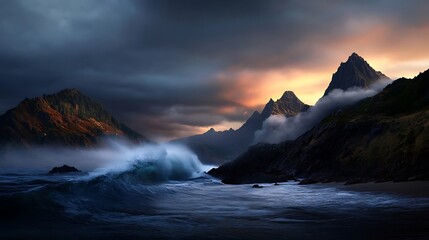 Naklejka premium Dramatic mountain range meets turbulent ocean at sunset.