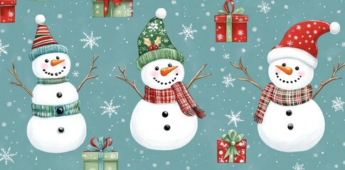 The illustration for New Year features a seamless pattern of Christmas-themed modern cute snowmen in different hats and scarves