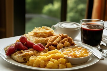 Breakfast served on a tray in a cozy hotel room with a view of greenery outside, Breakfast on a tray in a hotel room