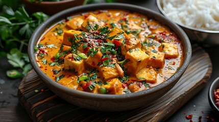 Burmese tofu curry rice thick yellow sauce and garnished with herbs full portion visible