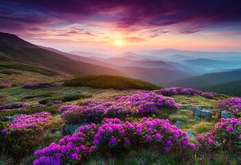 Rhododendrons at mountain sunset. For travel or art-related searches. Purple blooms against sunset symbolize vitality amid closure.