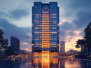 Modern Skyscraper with Glass Facade in Urban Cityscape at Dusk – Futuristic High-Rise Architecture in Downtown