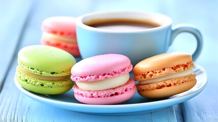 Obraz premium Colorful macarons and coffee cup delight bright kitchen food photography cozy atmosphere close-up view