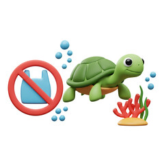 3D Illustration Cartoon Turtle Swimming near Coral Reef with Plastic Bag Ban Symbol