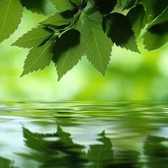 Fototapeta premium Leaves over water. A close-up of green leaves reflecting on rippling water, symbolizing peace and natural simplicity. Suitable for calming visuals in decor, websites, or mindfulness apps.