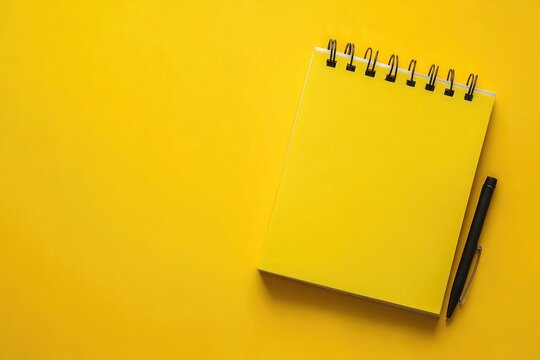 A yellow notepad with a black pen lying on a yellow surface with space for text and creative writing