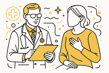 Doctor and patient. Modern flat line art illustration. Trendy outline vector graphic elements. Creative concept. Black and yellow colors isolated on white background
