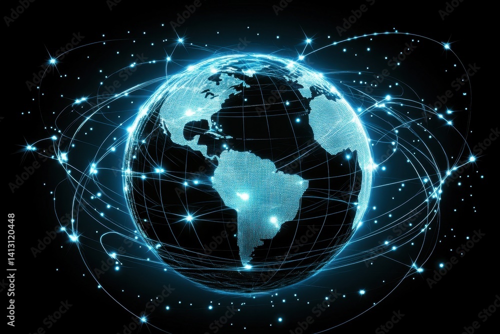 Poster global digital data connectivity visualized with network connections and glowing points around earth