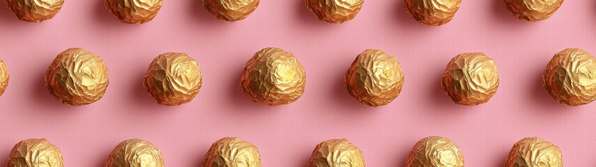 Fototapeta premium Gold foiled eggs artistically arranged on a soft pink background for a festive look