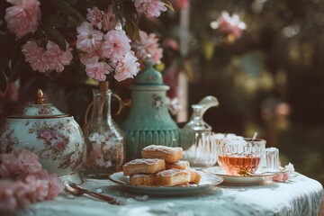 Naklejka premium A charming outdoor tea party with pastries, tea, and beautiful pink flowers, ready to enjoy.